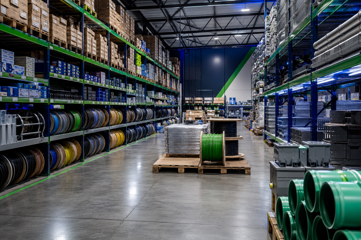R&M Distribution warehouse stock, cable reels and industrial electrical supplies